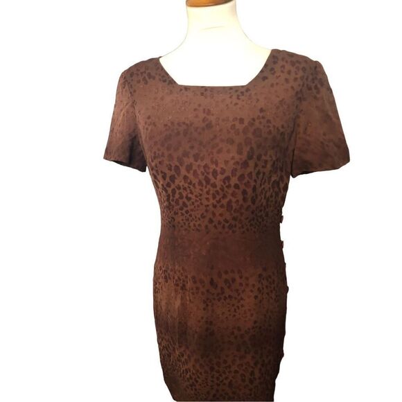Vintage silk Maggy London pure silk fully lined brown animal print cap sleeve dr - Picture 1 of 13